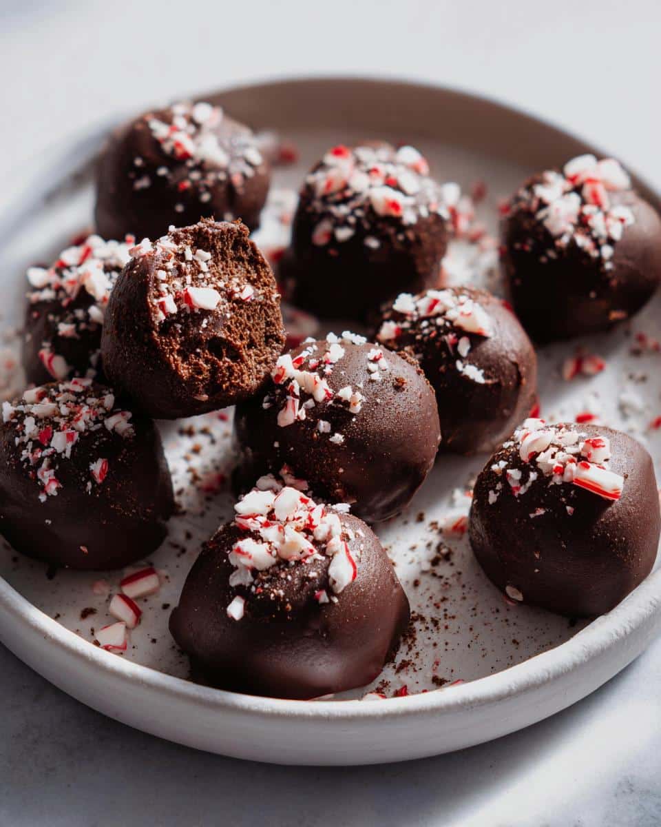 A plate of Dairy-Free Chocolate Peppermint Truffles, topped with crushed candy cane pieces. One truffle is broken in half to show the rich chocolate interior.
