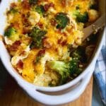 Close-up of Easy Low Carb Chicken Casserole in a white baking dish, topped with melted cheddar cheese, broccoli florets, and crispy bacon bits.