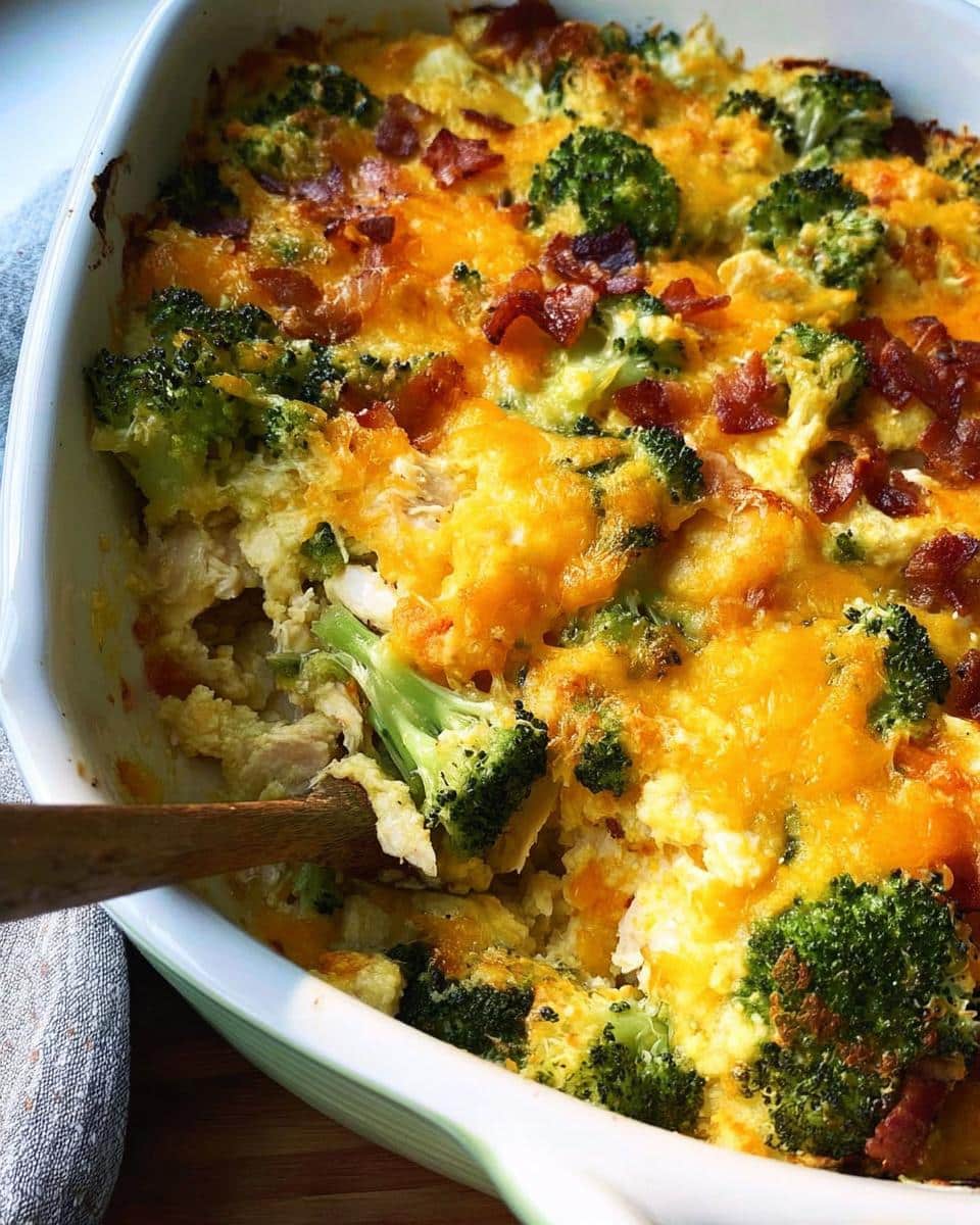 Close-up of a bubbling Easy Low Carb Chicken Casserole in a white baking dish, topped with melted cheddar cheese, broccoli florets, and crispy bacon bits.