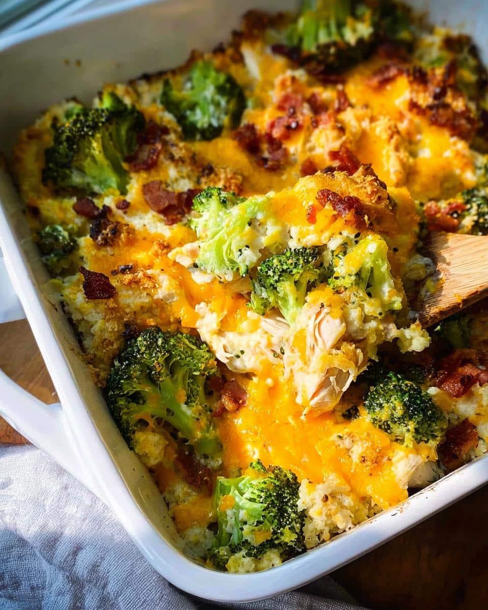 A scoop of Easy Low Carb Chicken Casserole with broccoli florets, melted cheddar cheese, and crispy bacon bits.