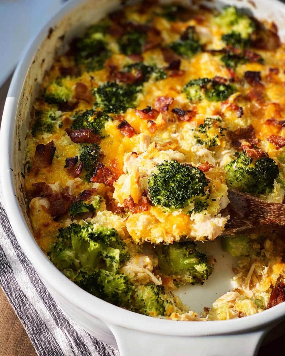 A serving spoon lifting a portion of Easy Low Carb Chicken Casserole, revealing chicken, broccoli florets, melted cheese, and crispy bacon.