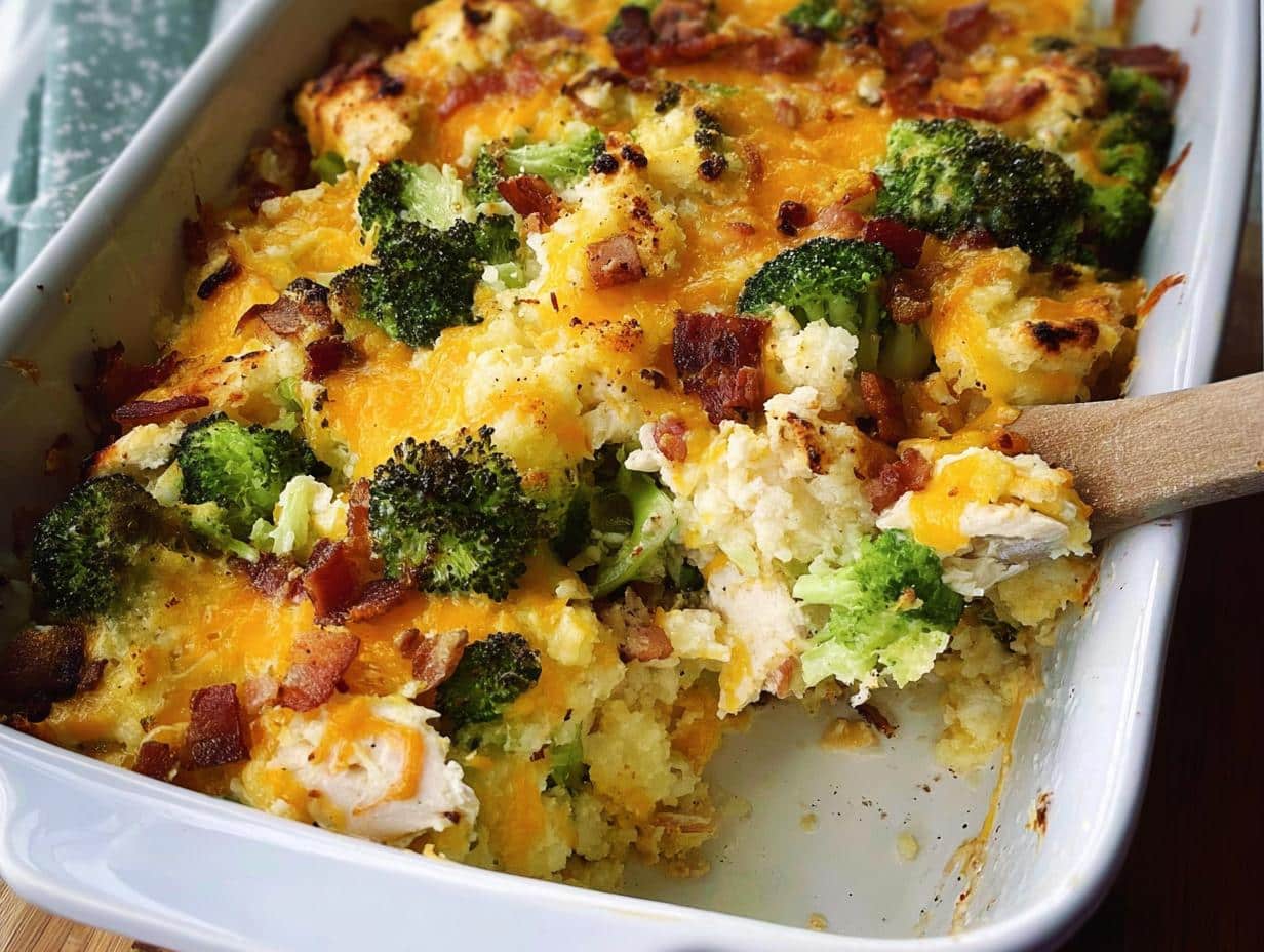 Close-up of Easy Low Carb Chicken Casserole with broccoli florets, melted cheddar cheese, and crispy bacon bits.