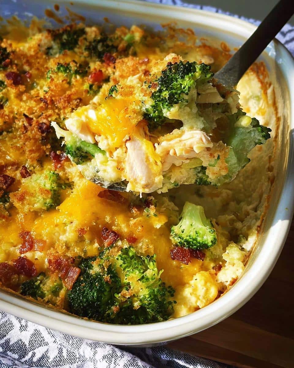 A spoonful of Easy Low Carb Chicken Casserole with broccoli florets, shredded chicken, melted cheddar cheese, and crispy bacon bits.