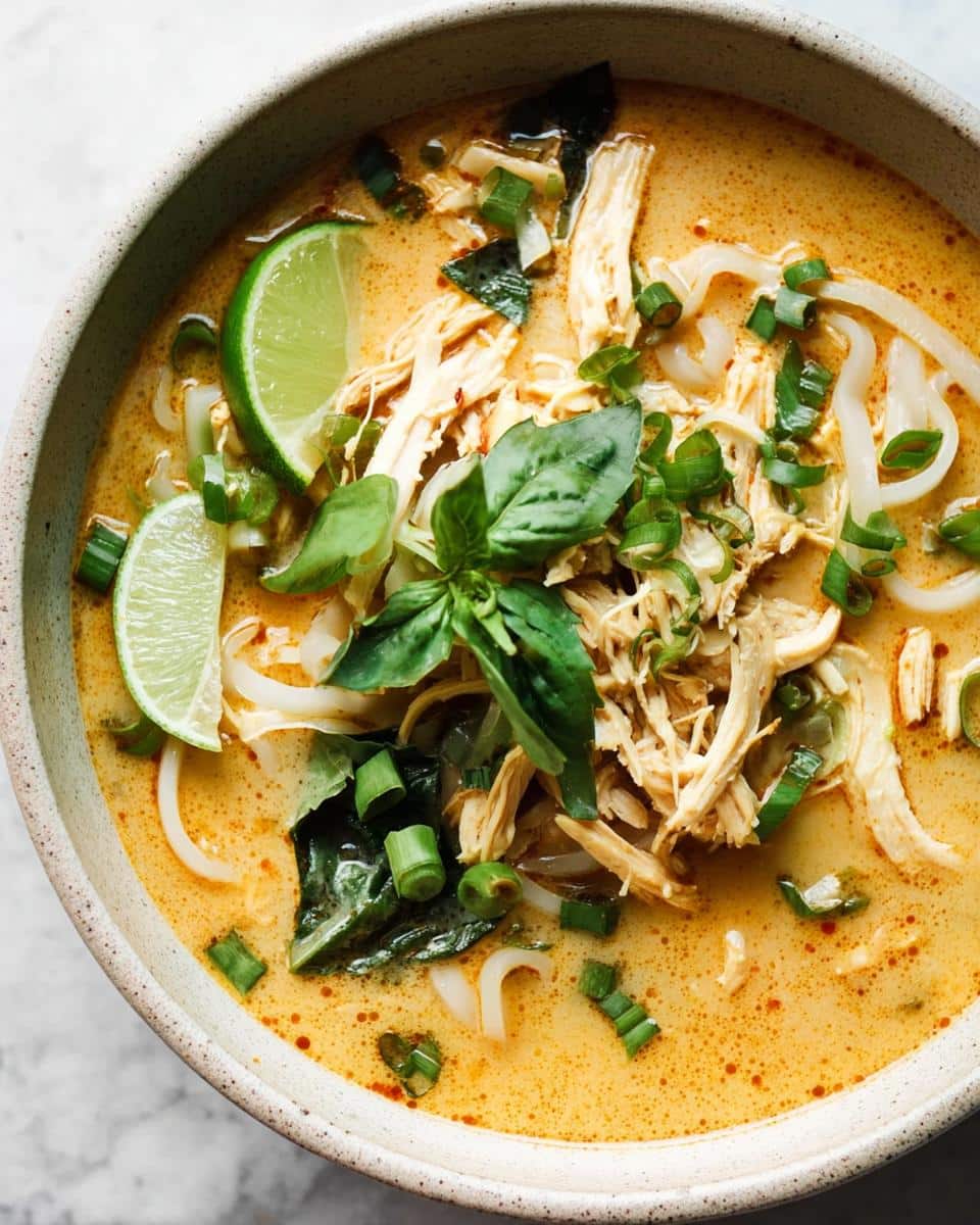 A close-up of a bowl of Easy Thai Chicken Curry Soup, featuring shredded chicken, rice noodles, lime wedges, and fresh herbs.