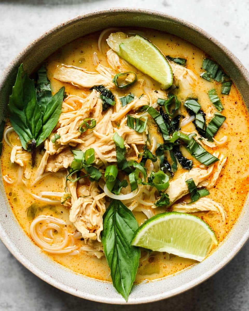 A bowl of creamy Easy Thai Chicken Curry Soup topped with shredded chicken, noodles, lime wedges, basil, and green onions.
