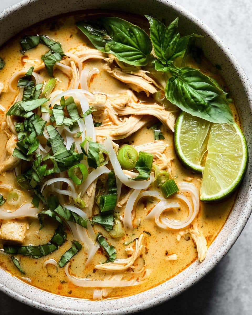A close-up of a bowl of Easy Thai Chicken Curry Soup, featuring shredded chicken, rice noodles, fresh basil, and lime wedges.