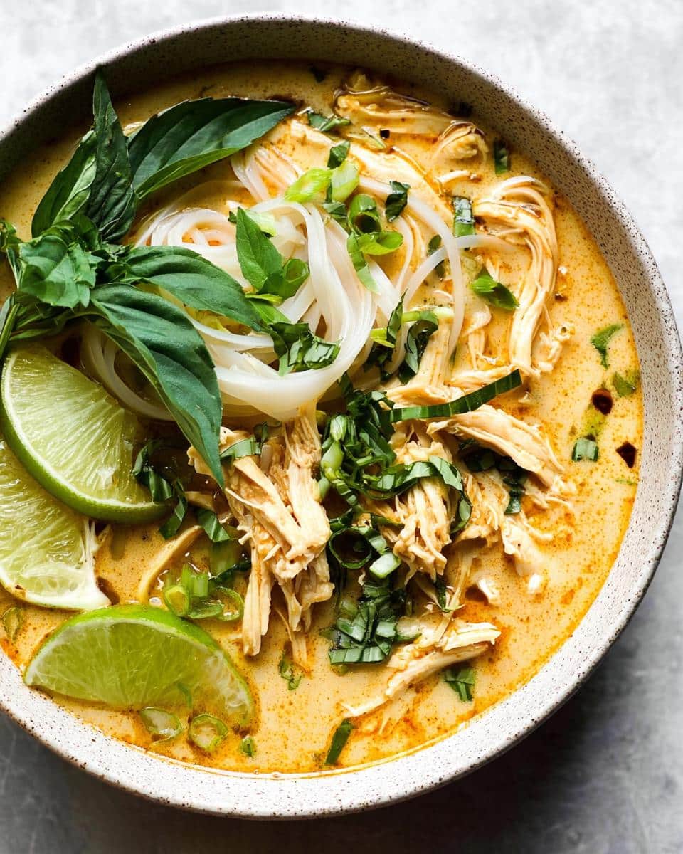 A bowl of Easy Thai Chicken Curry Soup with shredded chicken, rice noodles, lime wedges, and fresh herbs.