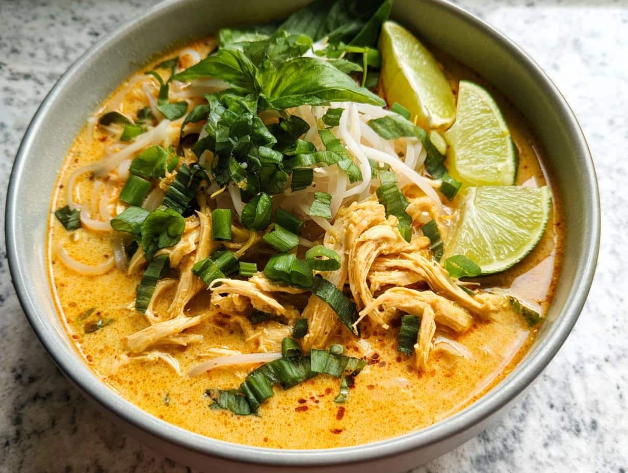 A close-up of a bowl of Easy Thai Chicken Curry Soup, featuring shredded chicken, noodles, and fresh garnishes.