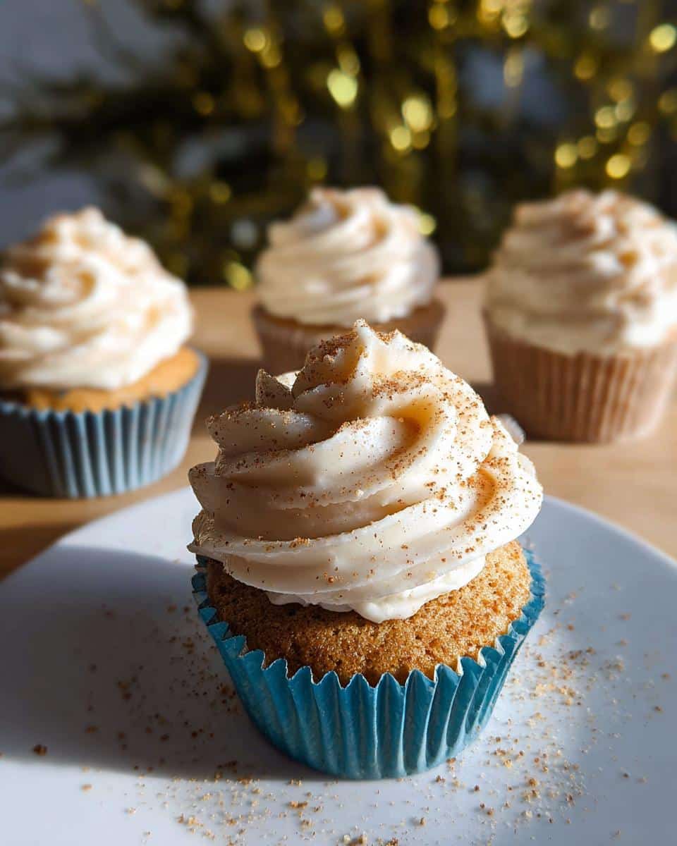 Close-up of an Eggnog Cupcake with Cream Cheese Frosting, dusted with cinnamon.