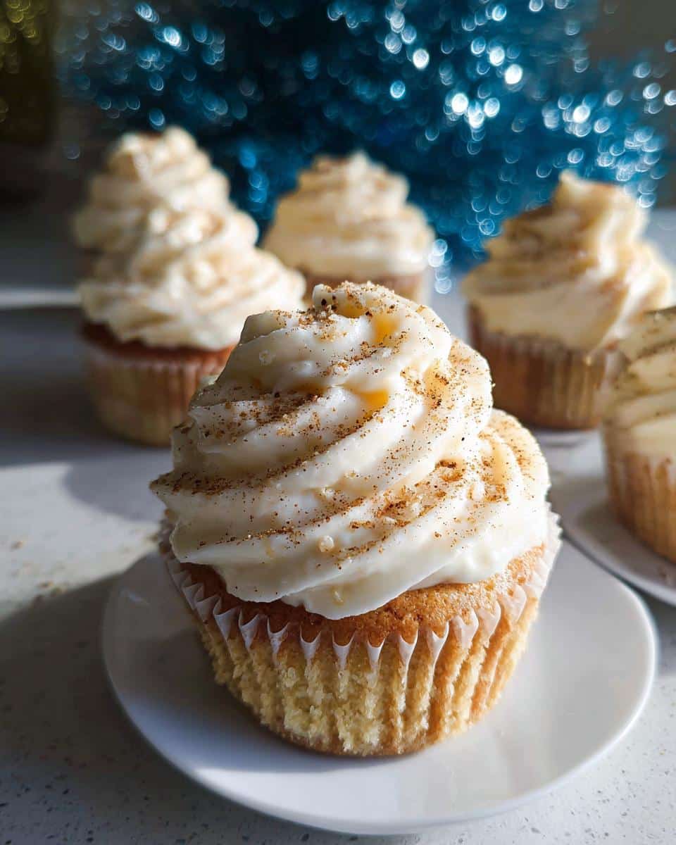 Close-up of a festive Eggnog Cupcake with Cream Cheese Frosting, dusted with cinnamon.