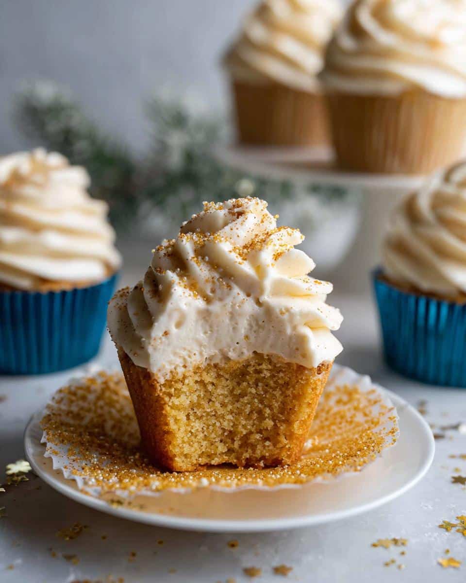 A close-up of an Eggnog Cupcake with Cream Cheese Frosting, showing the moist cake and fluffy frosting, sprinkled with gold dust.