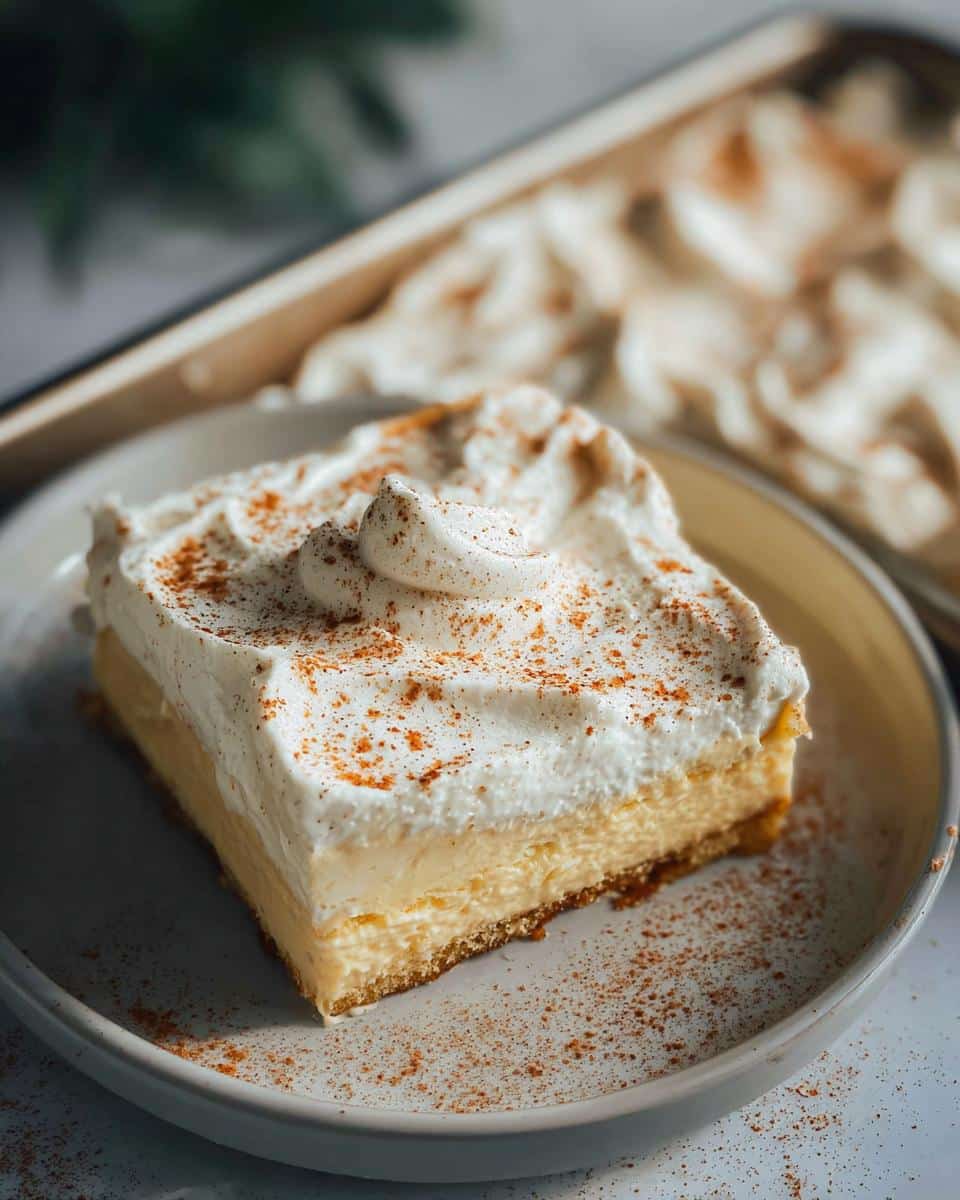 A slice of moist Eggnog Tres Leches Cake topped with whipped cream and dusted with cinnamon.