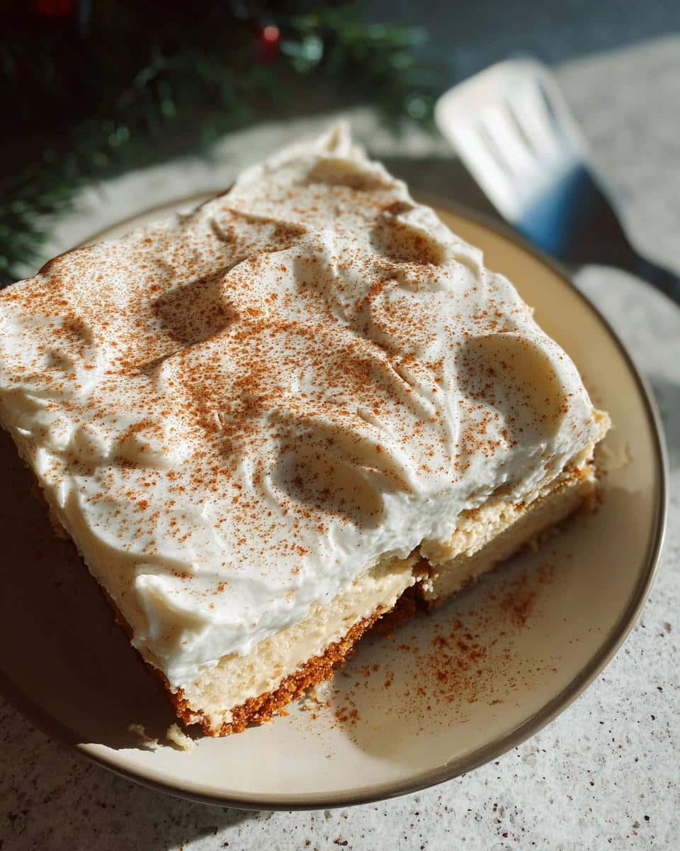 A slice of Eggnog Tres Leches Cake topped with whipped cream and dusted with cinnamon.