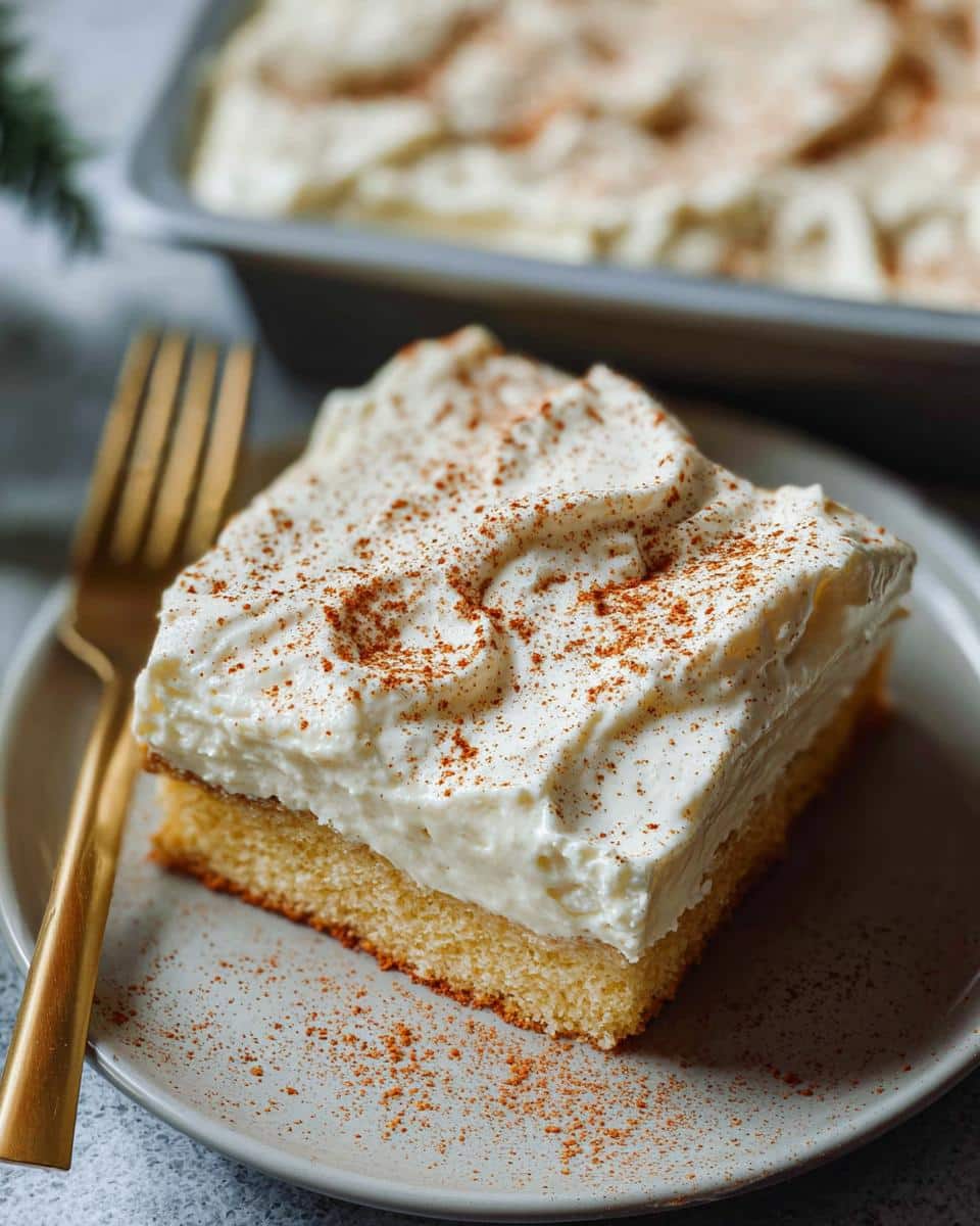 A slice of moist Eggnog Tres Leches Cake topped with whipped cream and dusted with cinnamon.