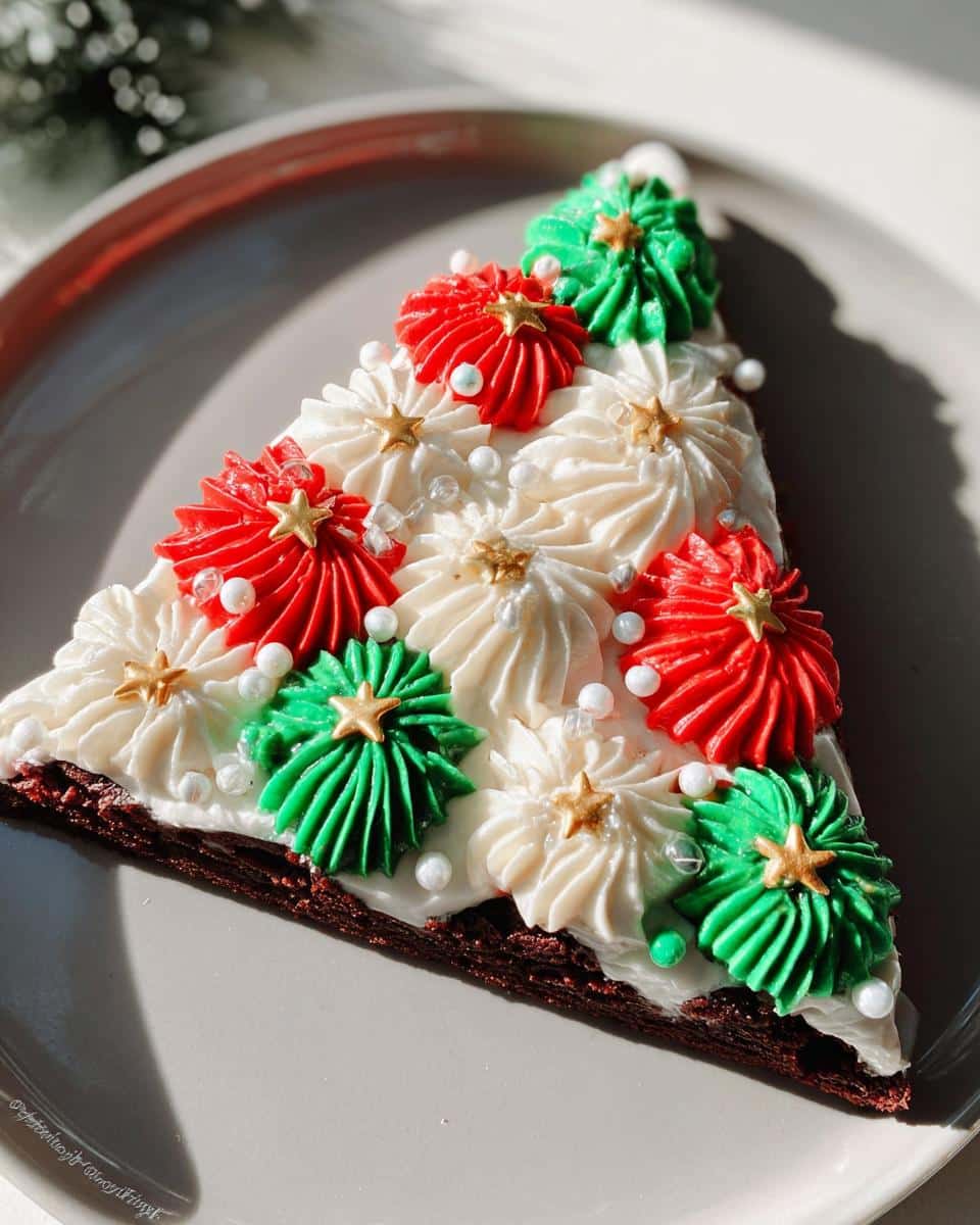 A slice of Frosted Christmas Tree Brownies decorated with white, red, and green frosting, edible pearls, and gold stars.