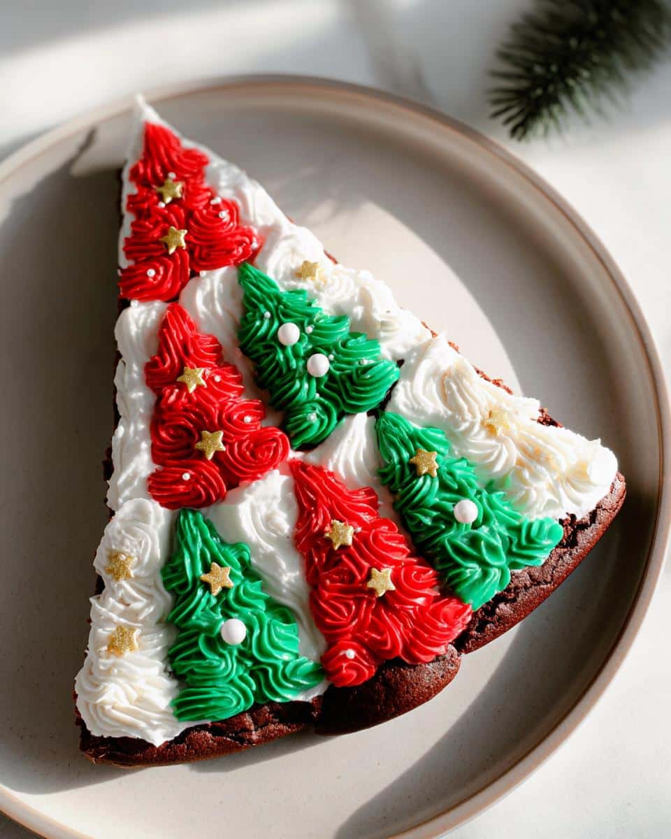 A slice of Frosted Christmas Tree Brownies decorated with red and green frosting trees and white frosting.