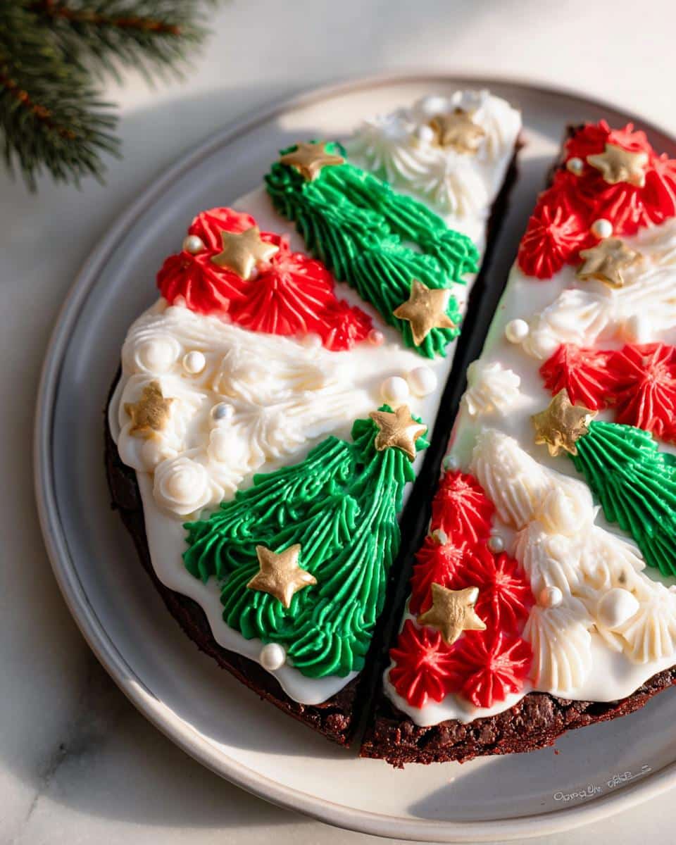 Two slices of Frosted Christmas Tree Brownies decorated with green and red frosting, white frosting swirls, and gold stars.