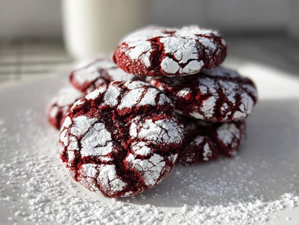A stack of fudgy red velvet crinkle cookies dusted with powdered sugar, showcasing their cracked texture.