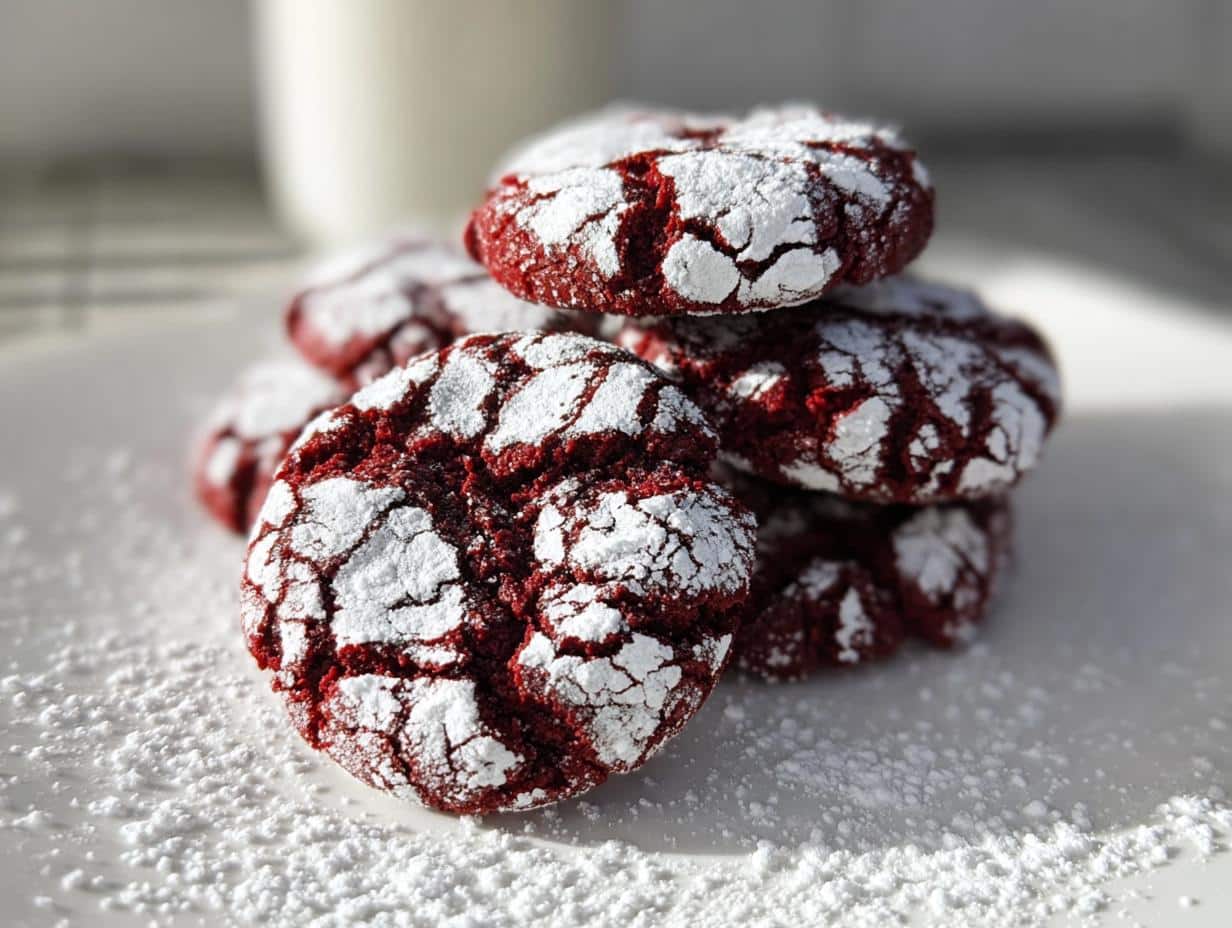 A stack of fudgy red velvet crinkle cookies dusted with powdered sugar, showcasing their cracked texture.