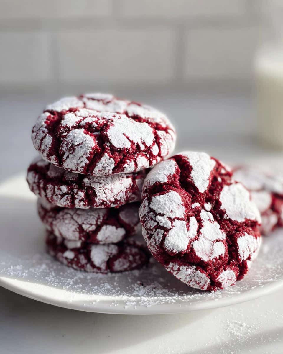 A stack of Fudgy Red Velvet Crinkle Cookies coated in powdered sugar on a white plate.