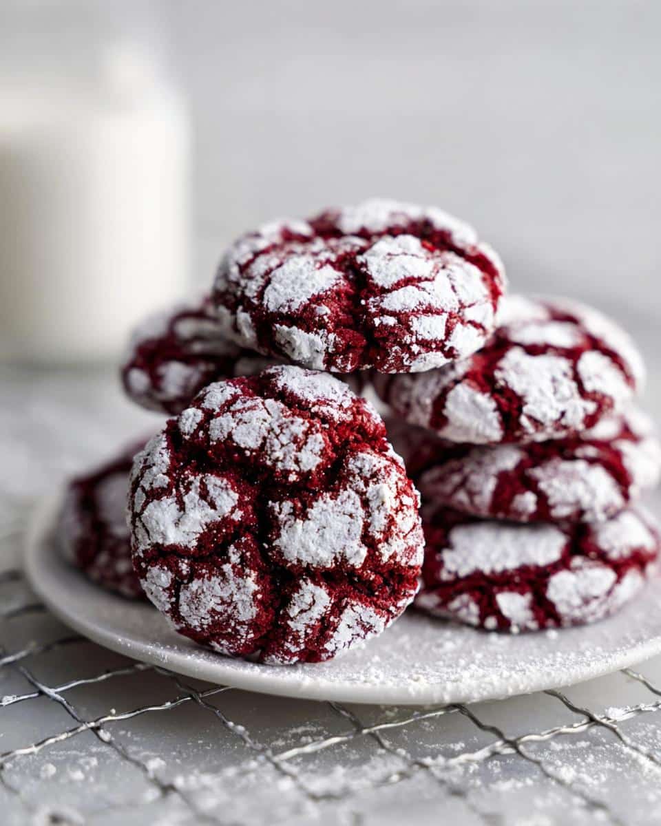 A stack of Fudgy Red Velvet Crinkle Cookies coated in powdered sugar on a white plate.