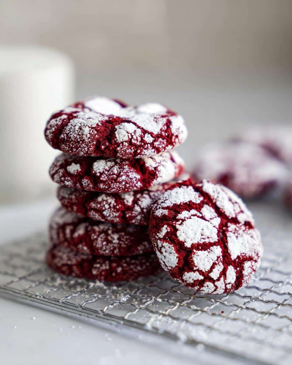 A stack of Fudgy Red Velvet Crinkle Cookies dusted with powdered sugar on a cooling rack.