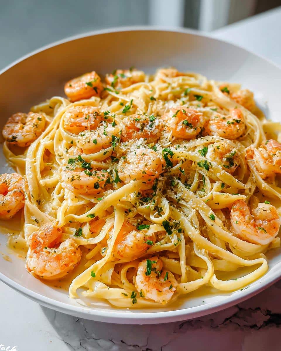 A close-up of a white bowl filled with Garlic Butter Shrimp Pasta, topped with fresh parsley and grated cheese.