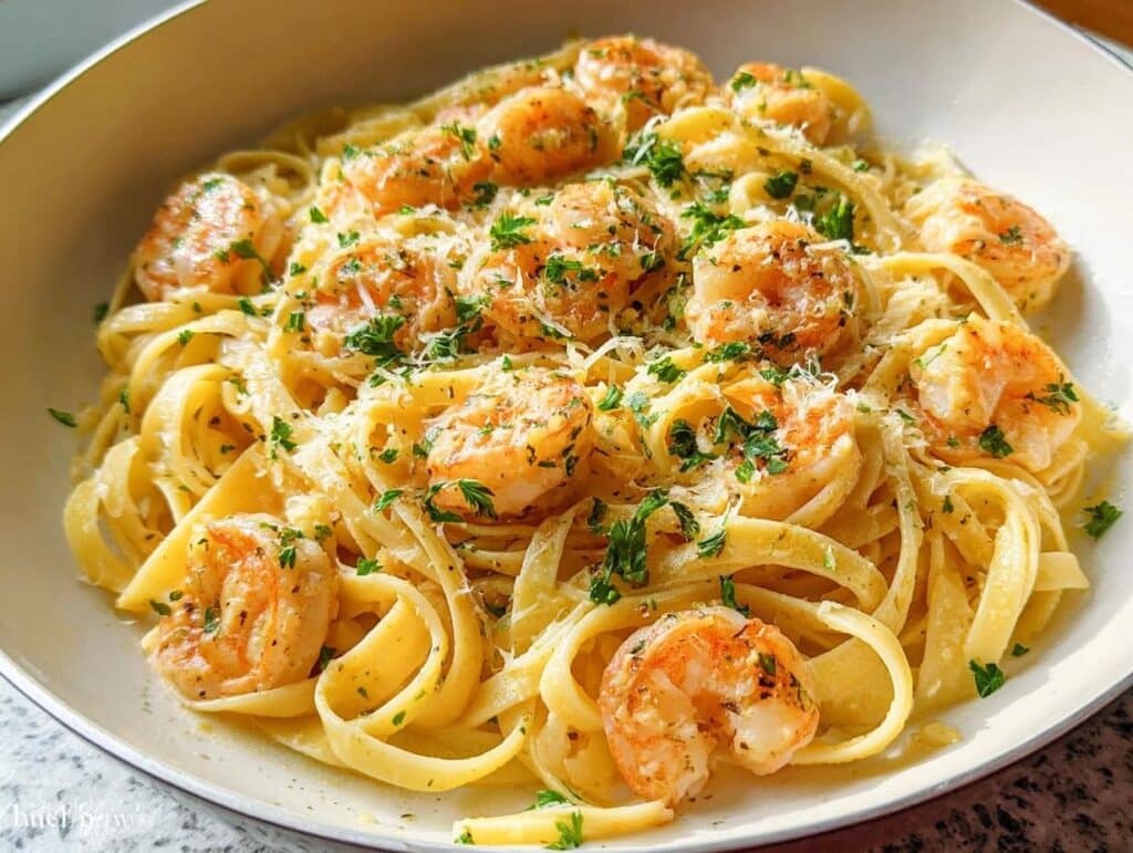A close-up of a bowl of Garlic Butter Shrimp Pasta, featuring fettuccine noodles, plump shrimp, and garnished with fresh parsley and grated Parmesan cheese.