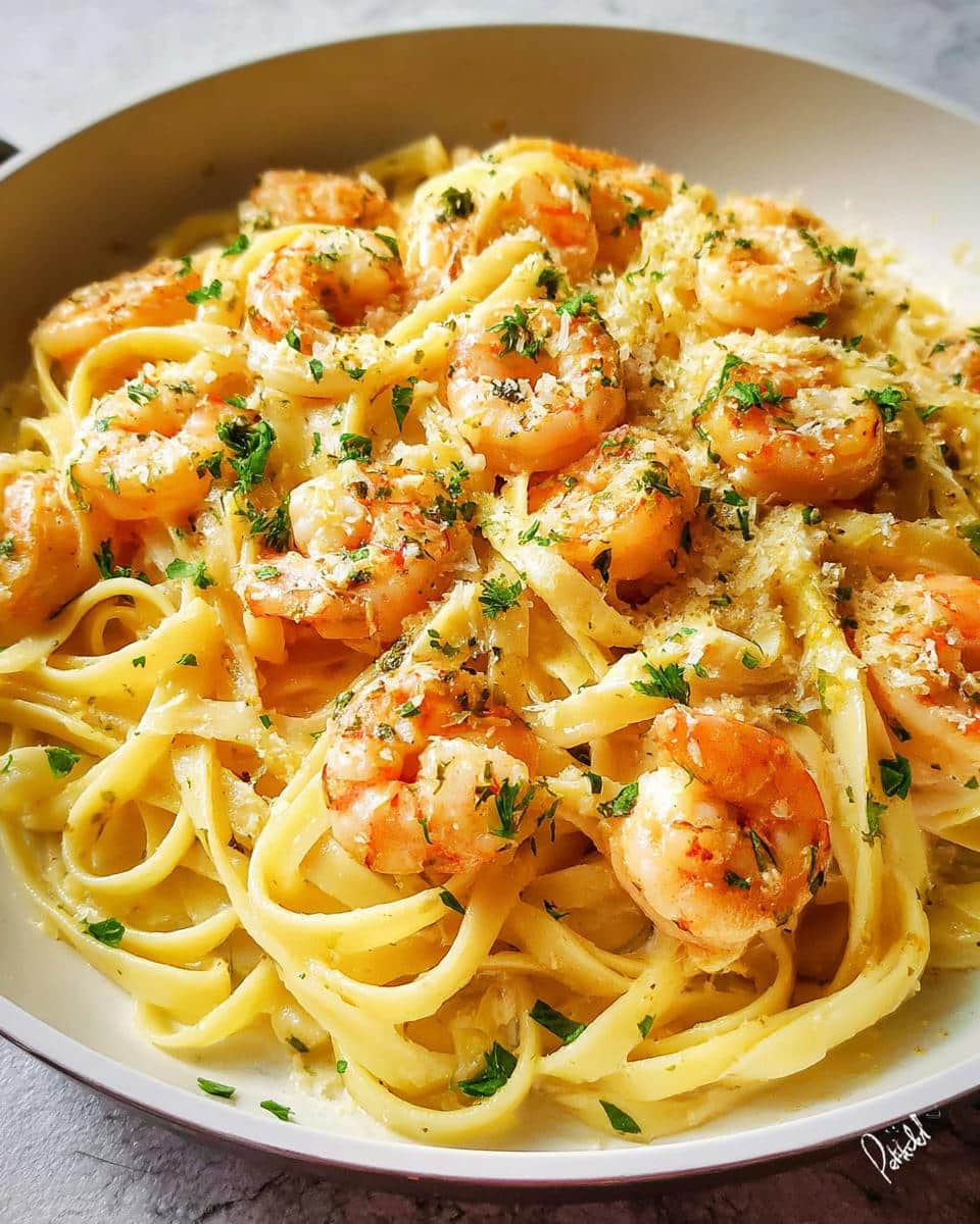 A close-up of Garlic Butter Shrimp Pasta, featuring fettuccine noodles, plump shrimp, and a sprinkle of parsley and Parmesan cheese.