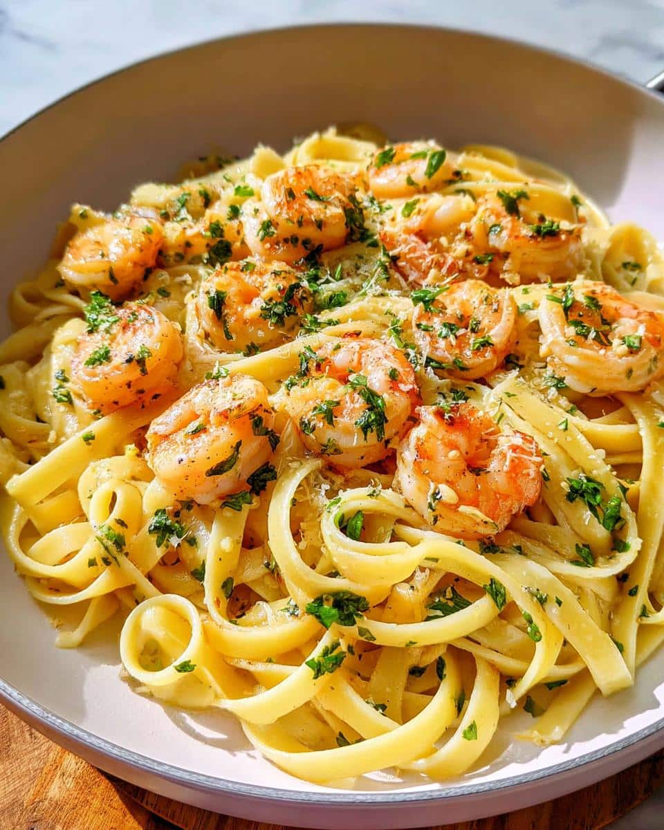 A close-up of Garlic Butter Shrimp Pasta, featuring fettuccine noodles topped with succulent shrimp and fresh parsley.