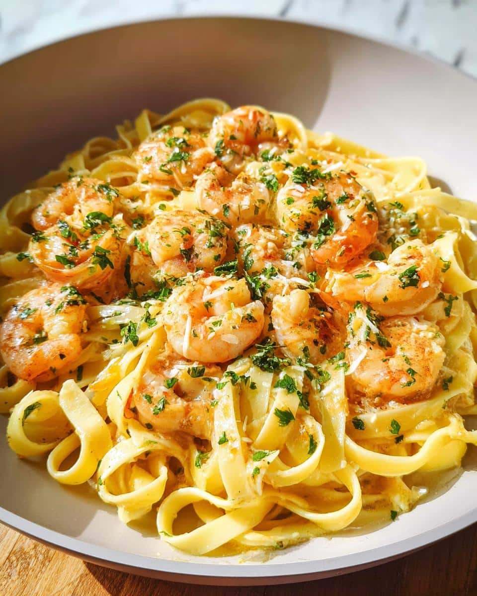 A close-up of Garlic Butter Shrimp Pasta, featuring fettuccine noodles tossed in a creamy sauce, topped with plump shrimp and fresh parsley.