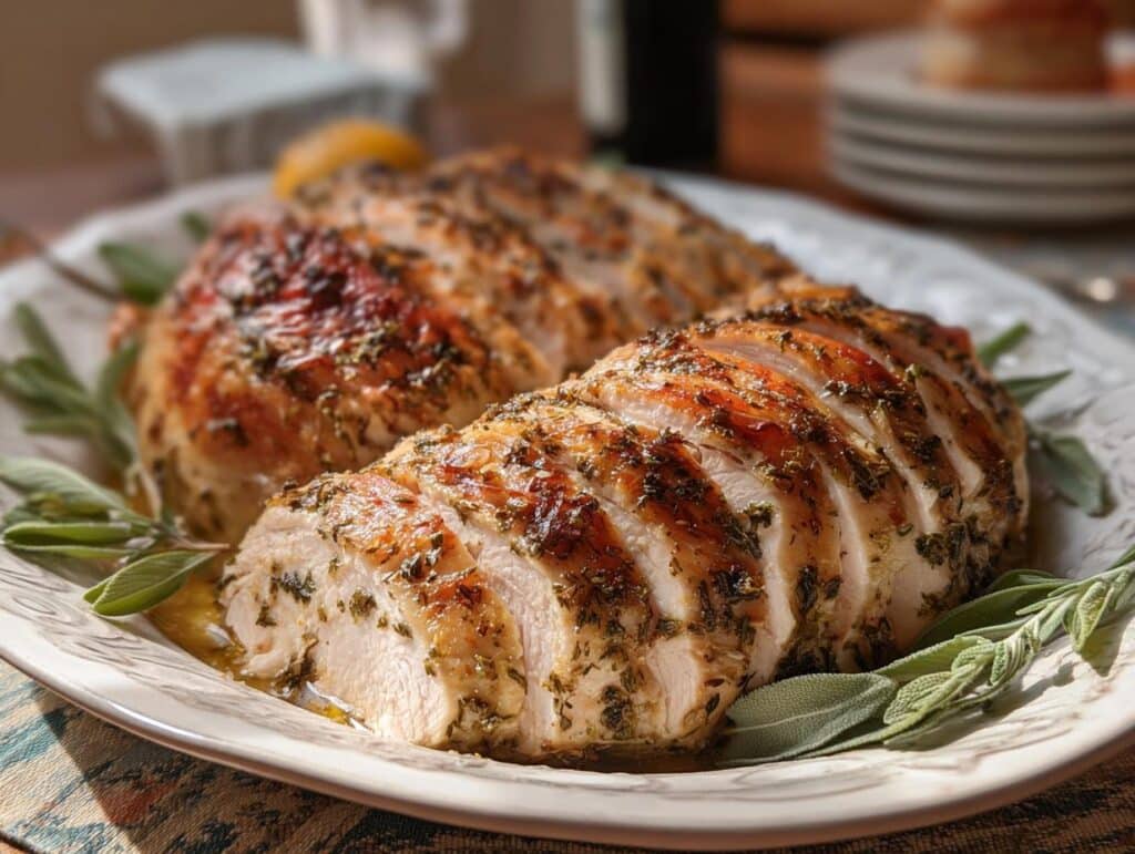 Close-up of sliced Garlic Herb Butter Roasted Turkey breast on a platter, garnished with sage leaves.