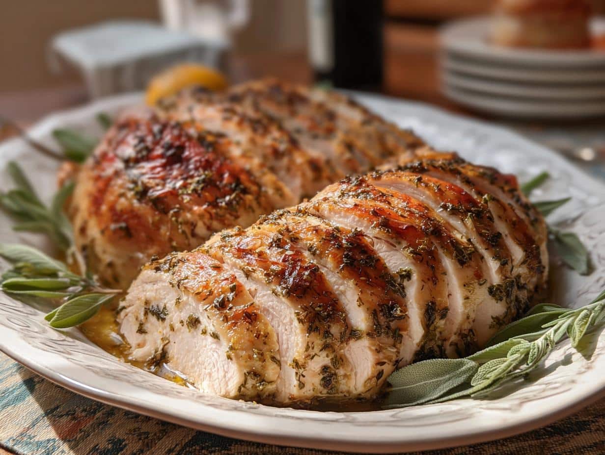 Close-up of sliced Garlic Herb Butter Roasted Turkey breast on a platter, garnished with sage leaves.