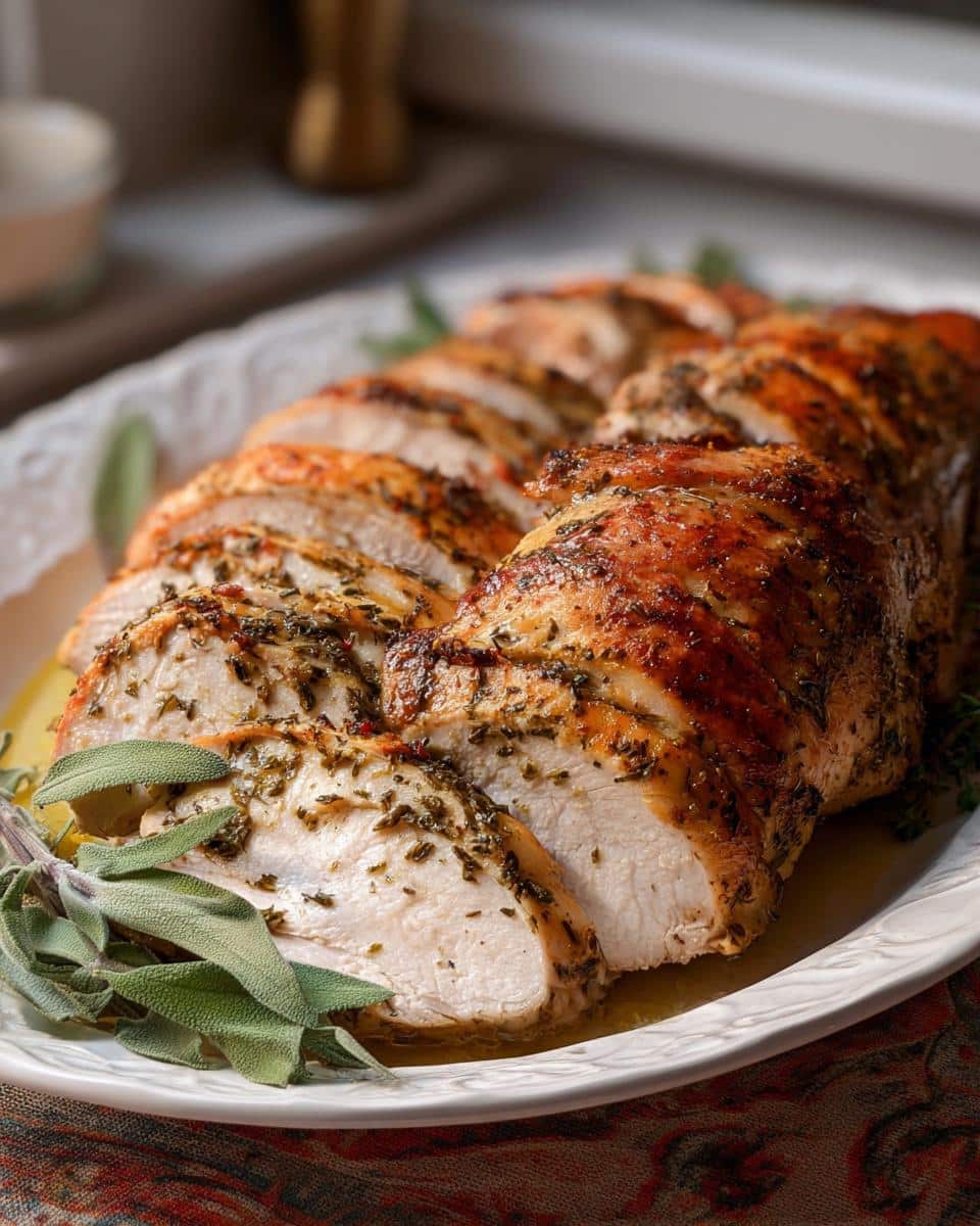 Close-up of sliced Garlic Herb Butter Roasted Turkey on a platter, garnished with sage leaves.