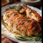 Close-up of sliced Garlic Herb Butter Roasted Turkey on a platter, garnished with sage and lemon.