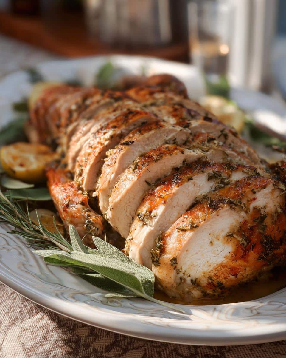 Close-up of sliced Garlic Herb Butter Roasted Turkey, garnished with fresh sage and rosemary, and lemon wedges.