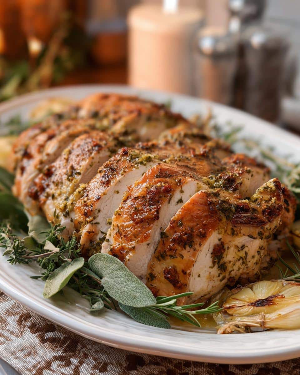Close-up of sliced Garlic Herb Butter Roasted Turkey on a platter with fresh herbs and roasted garlic.