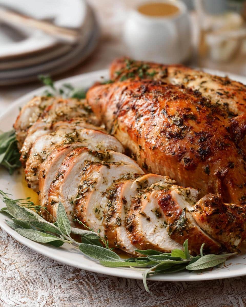 Close-up of sliced Garlic Herb Butter Roasted Turkey on a platter, garnished with sage leaves.