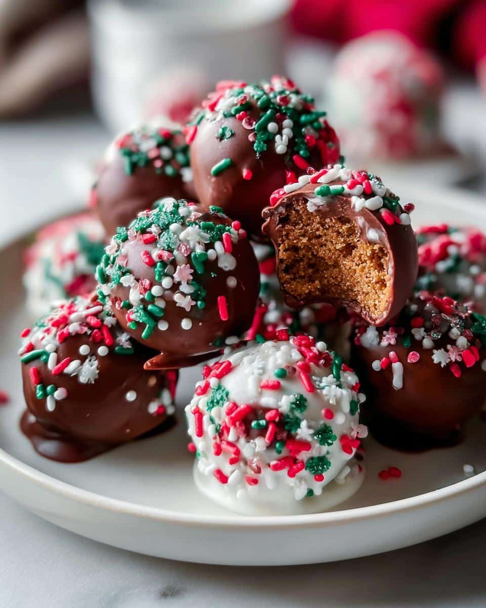 A pile of festive Gingerbread Cake Pops, some dipped in chocolate and others in white chocolate, decorated with red, green, and white sprinkles.