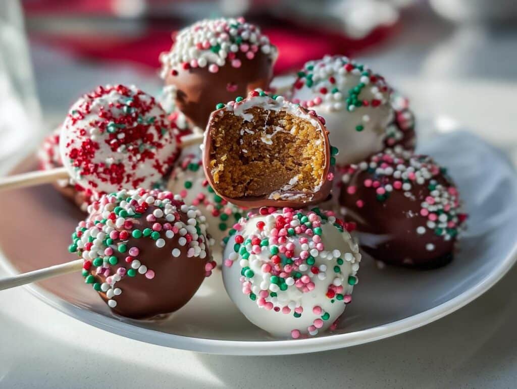 A plate of festive Gingerbread Cake Pops, some dipped in chocolate and white coating, decorated with red, green, and white sprinkles. One is broken in half to show the cake inside.