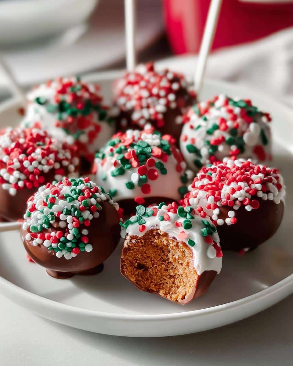 Close-up of festive Gingerbread Cake Pops, some half-dipped in chocolate and white icing, adorned with red, green, and white sprinkles.