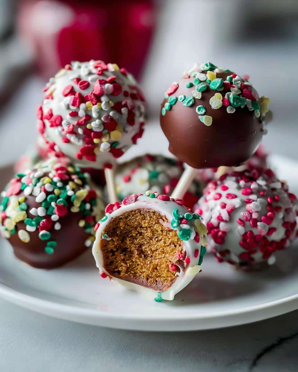A close-up of festive Gingerbread Cake Pops, one is cut in half showing the moist cake inside, decorated with colorful sprinkles.