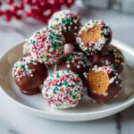 A pile of festive Gingerbread Cake Pops dipped in chocolate and covered in colorful sprinkles, with two shown broken open.