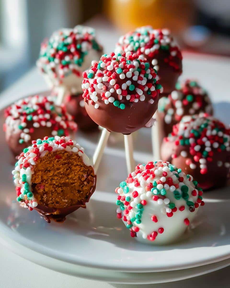 Close-up of festive Gingerbread Cake Pops dipped in chocolate and white candy melts, decorated with red, white, and green sprinkles.