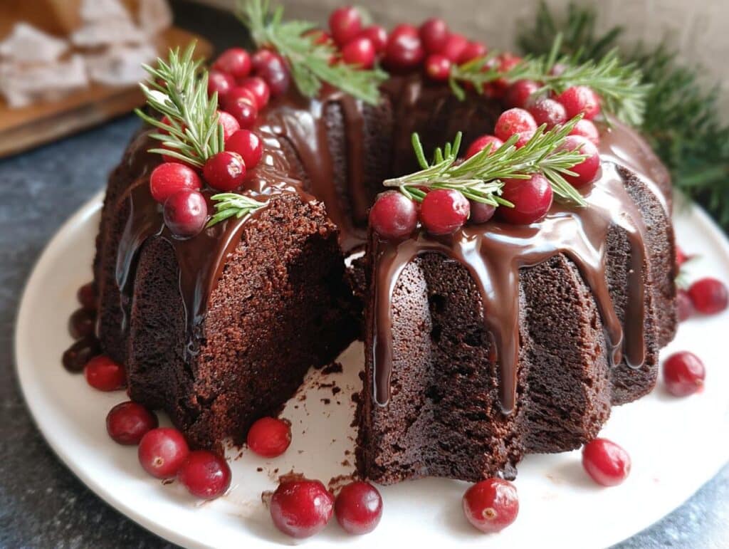 A festive Gingerbread Chocolate Bundt Cake Wreath, drizzled with chocolate and decorated with cranberries and rosemary.