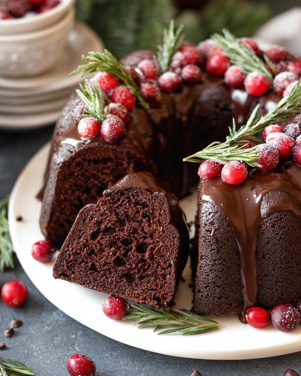 A slice of Gingerbread Chocolate Bundt Cake Wreath, drizzled with chocolate ganache and decorated with cranberries and rosemary.