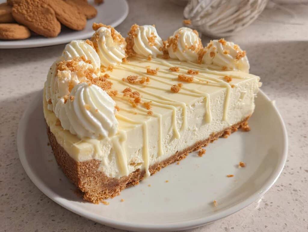 A decadent slice of Gingerbread White Chocolate Cheesecake, adorned with piped whipped cream and white chocolate drizzle.