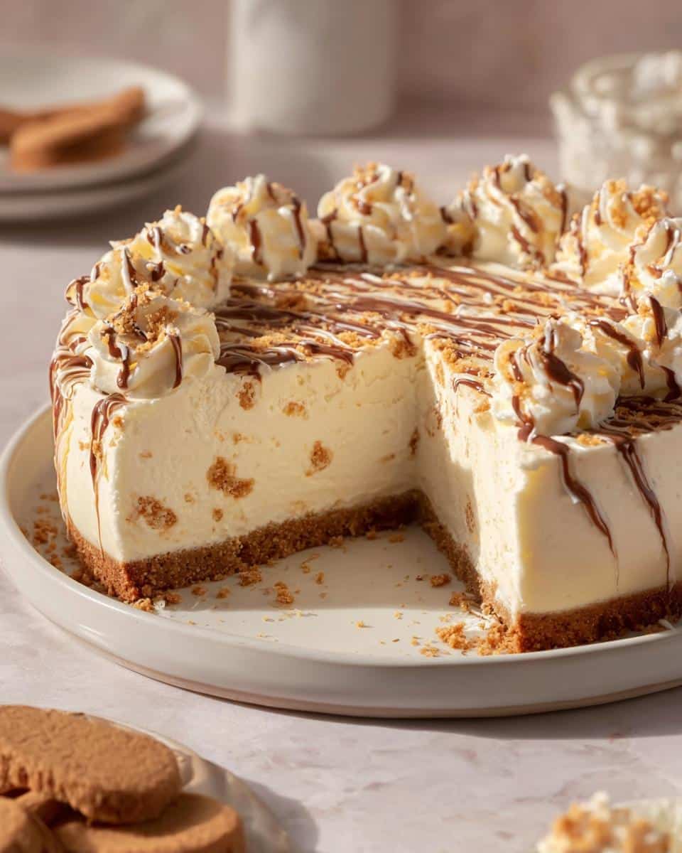 A slice of creamy Gingerbread White Chocolate Cheesecake with whipped cream and chocolate drizzle.
