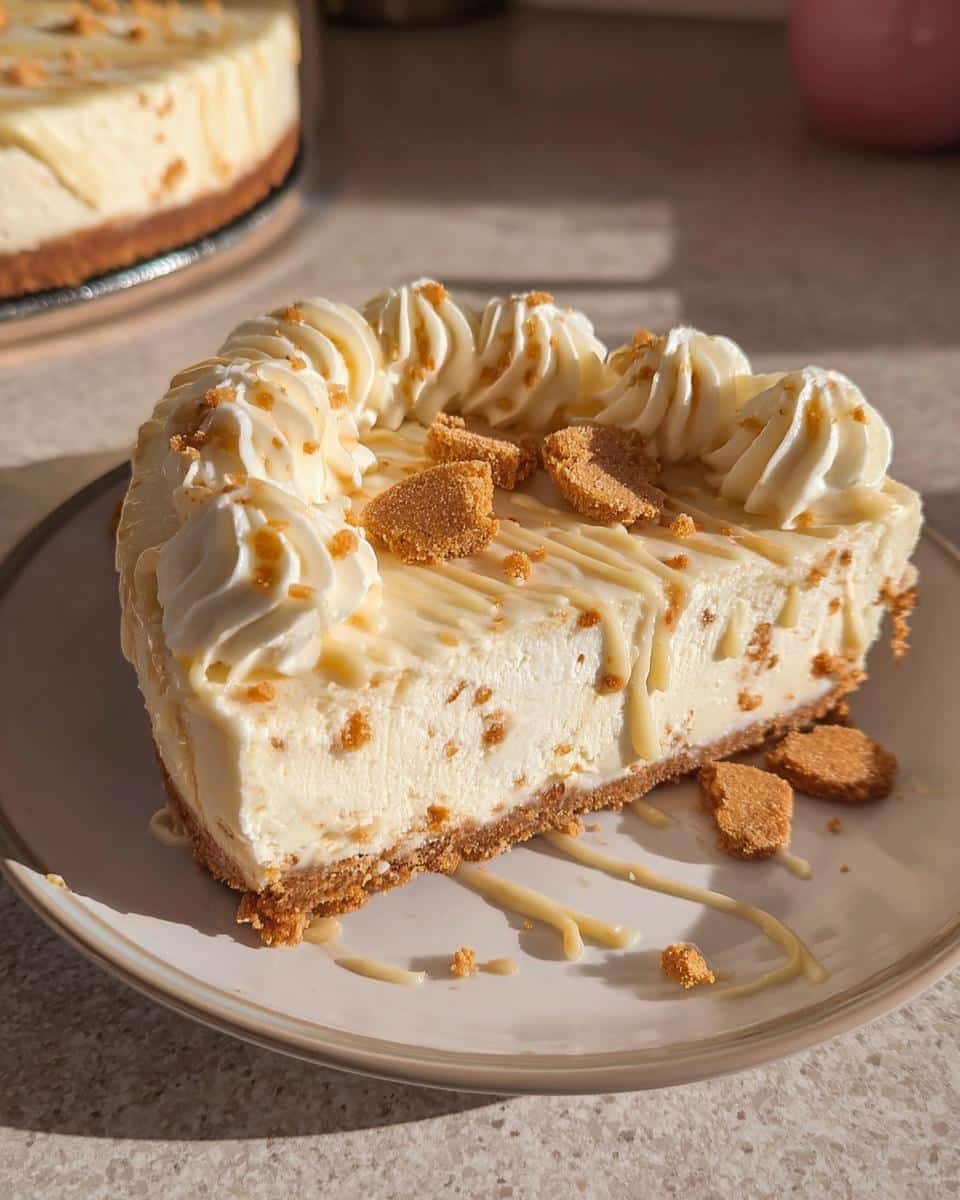 A delicious slice of Gingerbread White Chocolate Cheesecake, topped with whipped cream and cookie crumbles.