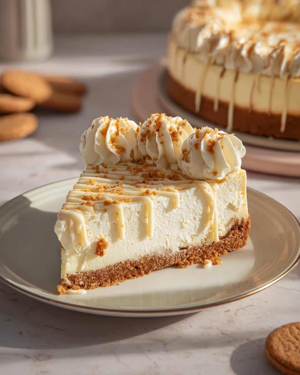 A decadent slice of Gingerbread White Chocolate Cheesecake topped with whipped cream and drizzled with white chocolate.
